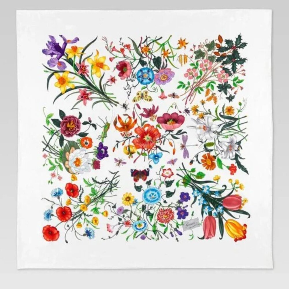 GUCCI SILK SCARF FLOWER PRINT GG LOGO FLORAL WHITE MULTICOLOR WRAP